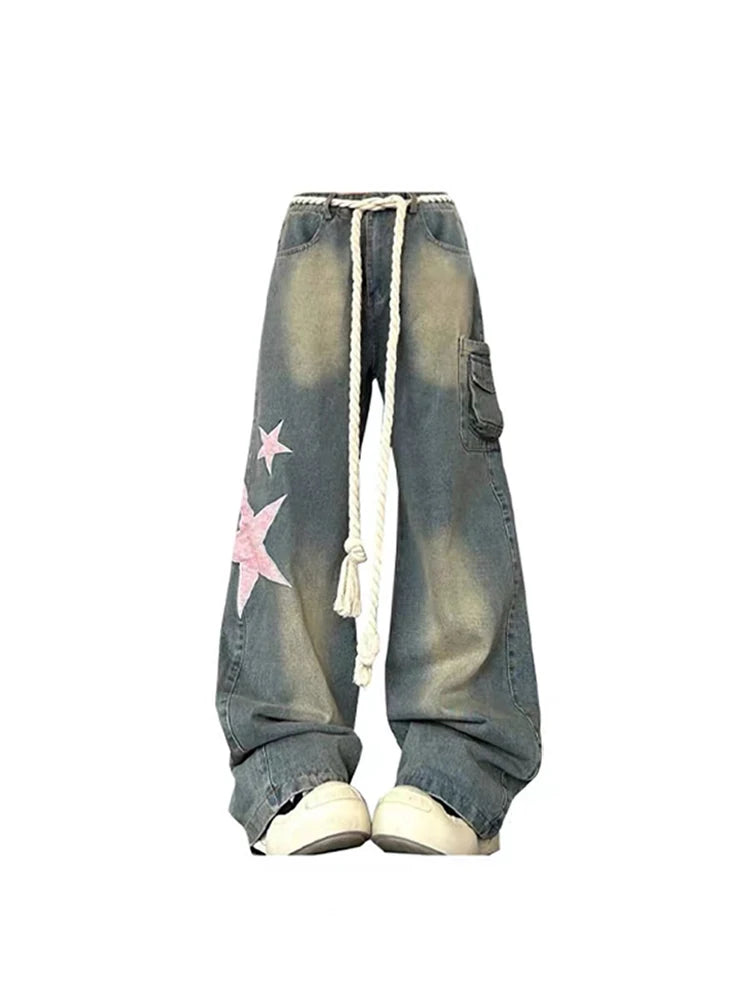 Aiertu Women Baggy Star Jeans Vintage Harajuku Oversize High Waist Denim Trouser Emo 2000s Y2k 90s Aesthetic Wide Pants Trashy Clothes Aiertu