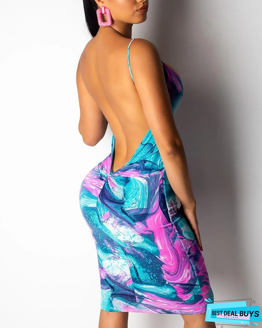 Tie Dye Print Open Back Bodycon Dress