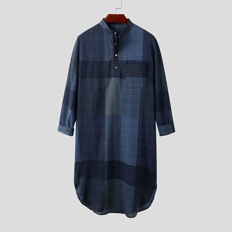 INCERUN Fashion Plaid Sleep Robes Mens Long Sleeve O Neck Nightwear Loose Cotton Pockets Nightgown Cozy Buttons Sleepwear S-5XL