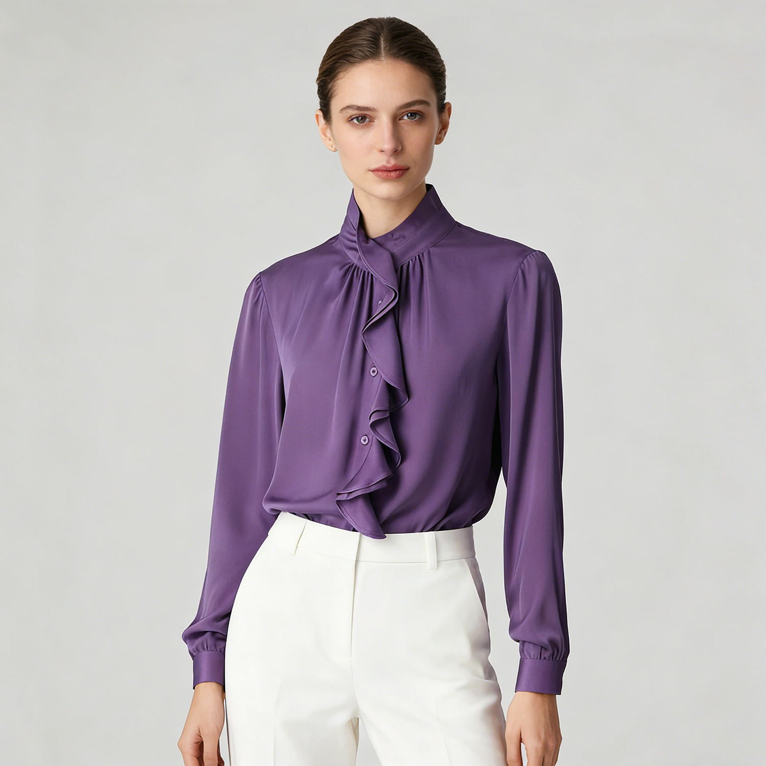 Ruffled Silk Blouse Solid Color REAL SILK LIFE