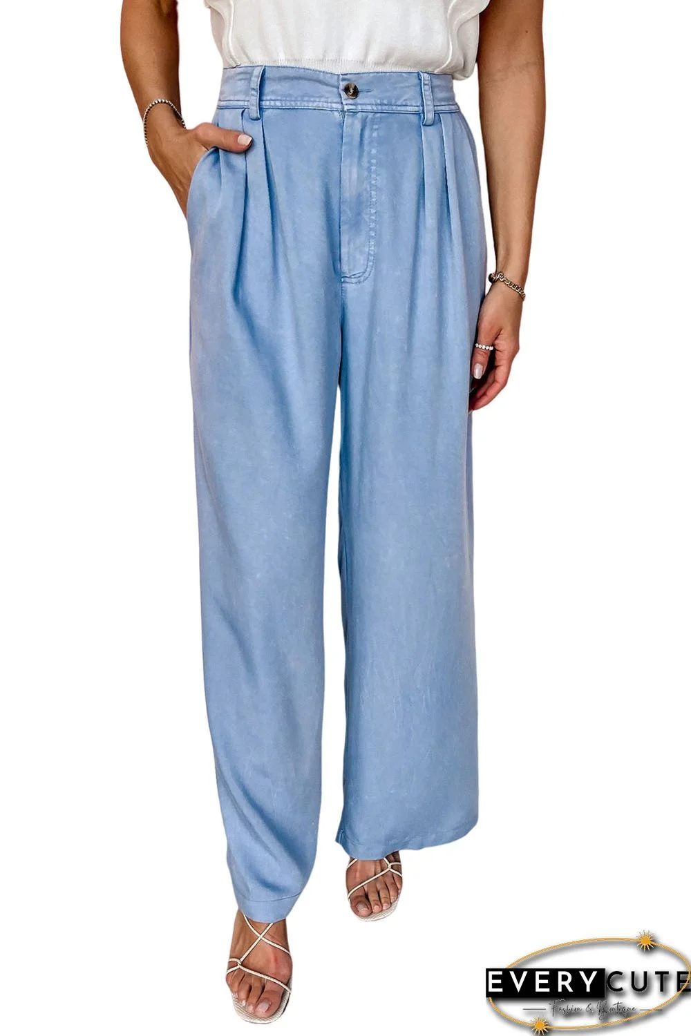 Sky Blue High Waist Pleated Wide Leg Jeans