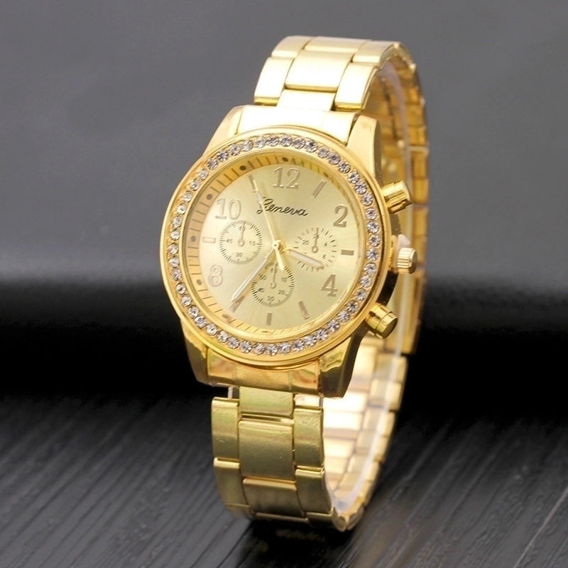 New Geneva Watch Diamond Alloy Steel Belt Watch Women’s Quartz Watch Geneva Watc