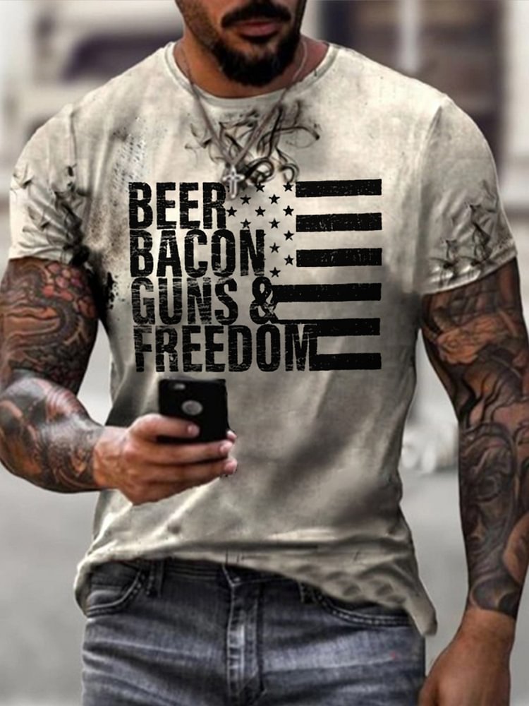 Mens Beer Bacon Guns And Freedom Printed T-shirt