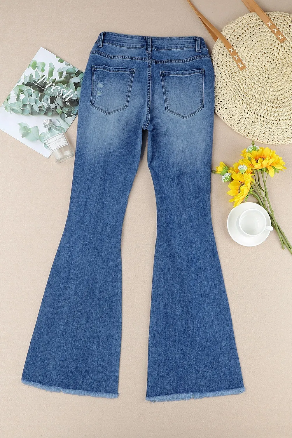 Sky Blue Distressed Raw Hem High Waist Flare Jeans