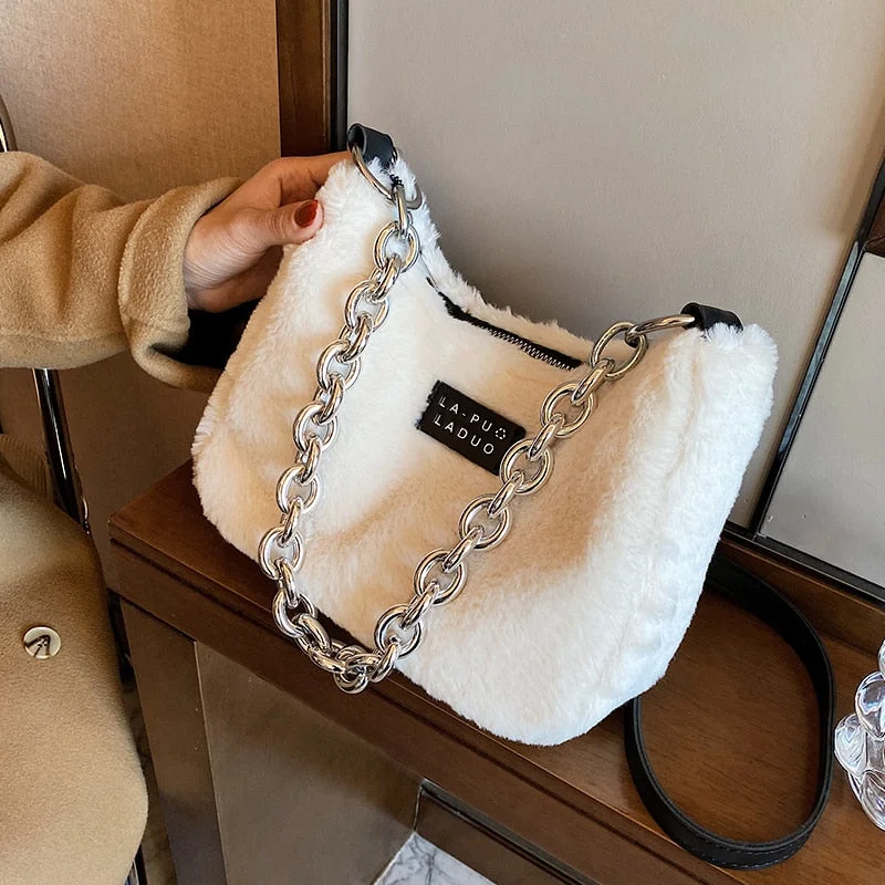 էѧӧܧ Small Leopard Soft Faux Fur Totes Bags With for Women 2021 Winter Simple Solid Color Fashion Luxury Handbags Purses