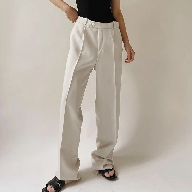 OOTN Office Lady Pleated Loose Zipper Wide Leg Pants Women Solid Button Floor-Length Pants Female High Waist Trousers Autumn