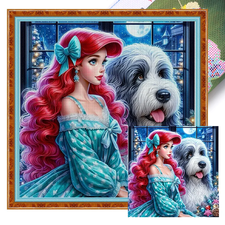 Disney Princess Little Mermaid And Puppy (45*45cm) 11CT Stamped Cross Stitch gbfke