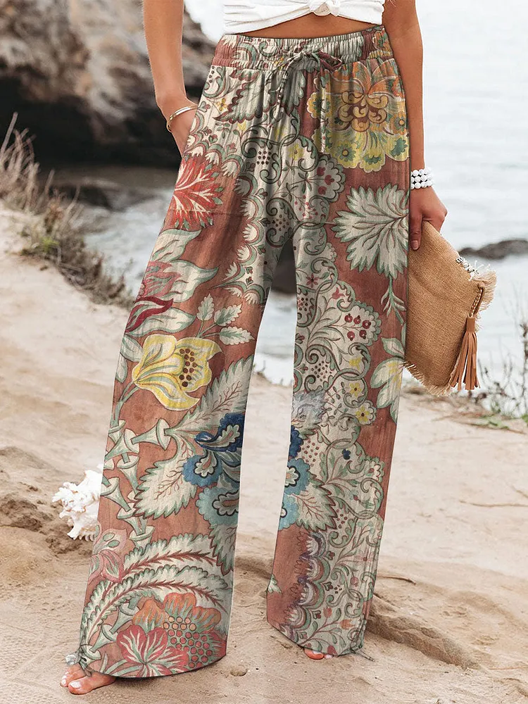 Women's Boho Flowers Art Printed Cotton And Linen Casual Pants