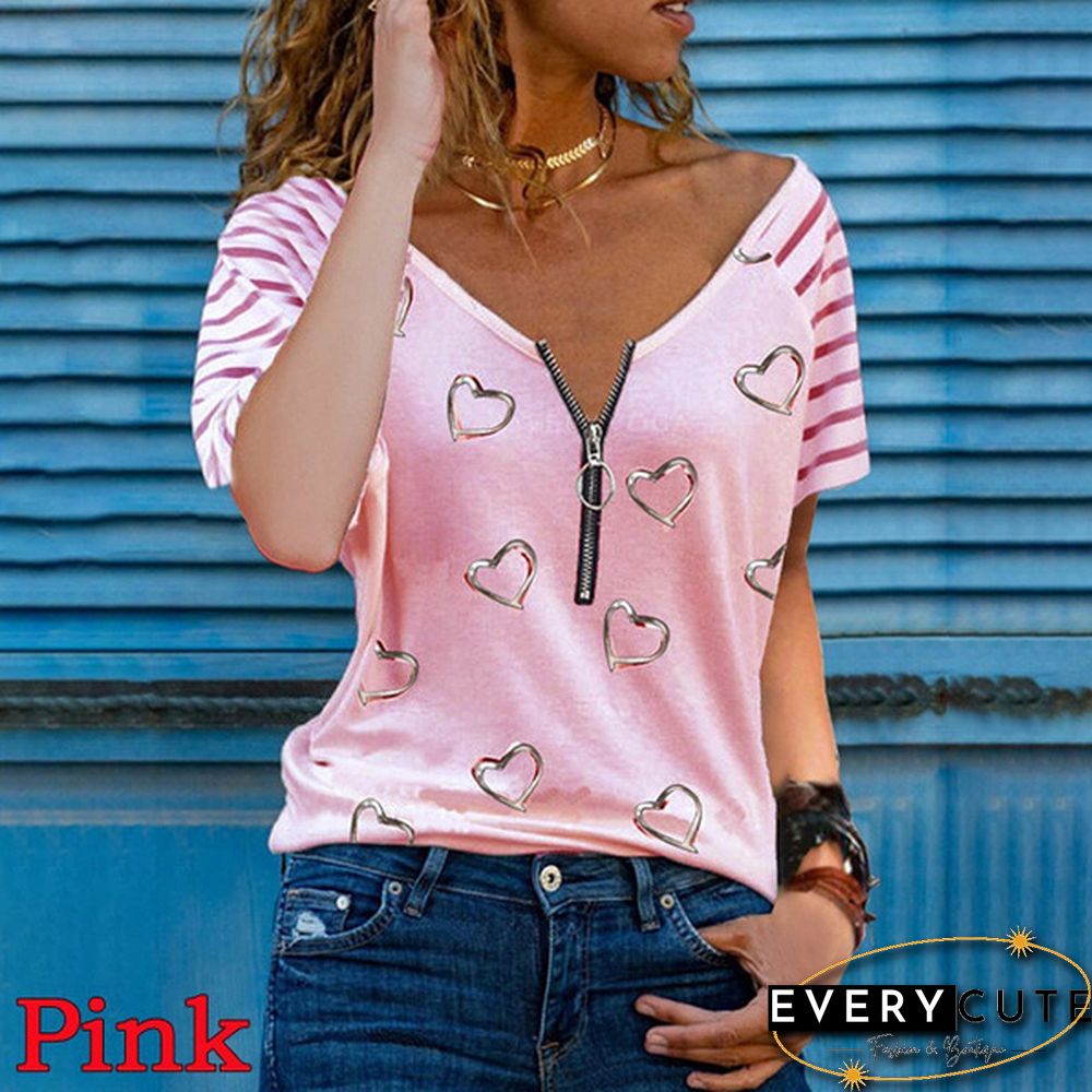 New Summer Fashion Women Striped Printed Short Sleeve Zipper V-Neck Casual Top Loose Soft And Thin Plus Size Shirt T-Shirt