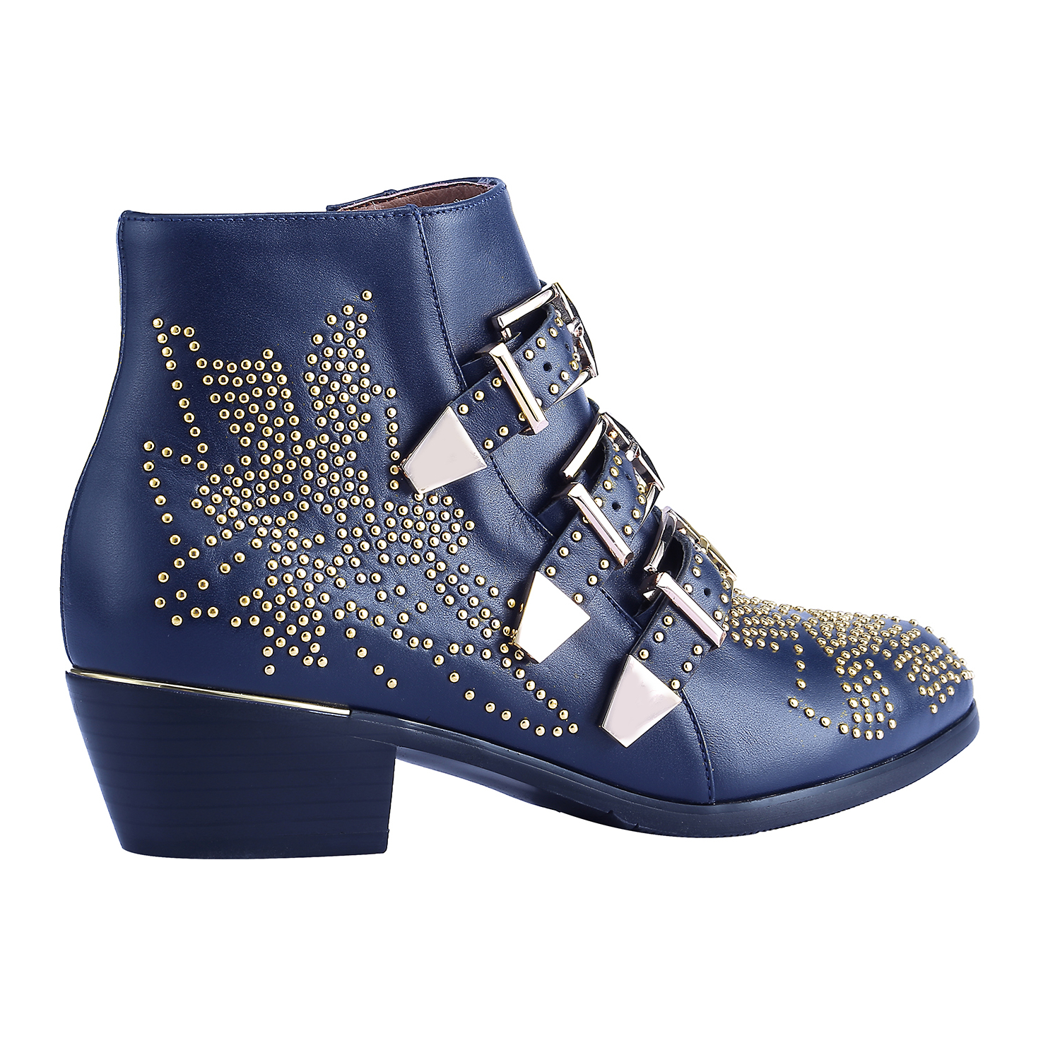 Women's Rivets Metal Buckle Low Heels Ankle Boots Navy Blue Gold-vocosishoes