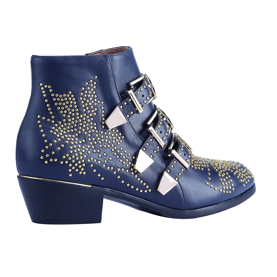Women's Rivets Metal Buckle Low Heels Ankle Boots Navy Blue Gold-vocosishoes