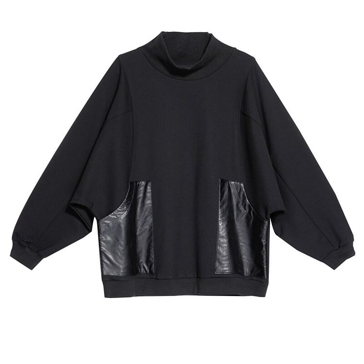 Simple Loose Solid Color Turtleneck Splicing PU Pockets Long Sleeve Sweatshirt      