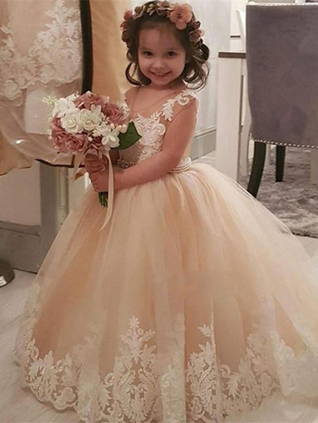 Oknass Ball Gown Long Sleeve V Neck  Flower Girl Dresses Lace Tulle With Pleats Appliques