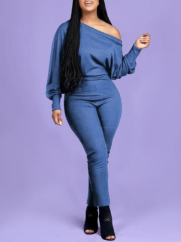 Solid Color High Waisted Plus Size One-Shoulder Jumpsuits