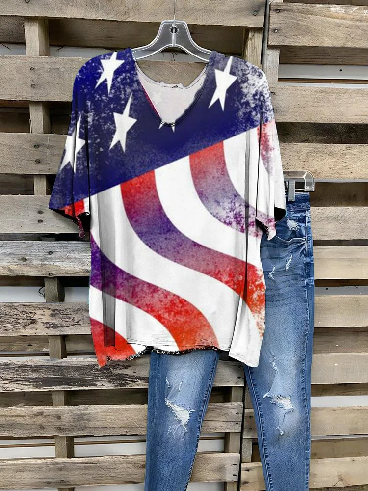 Women's Striped Flag Print V-neck Half-sleeve T-shirt
