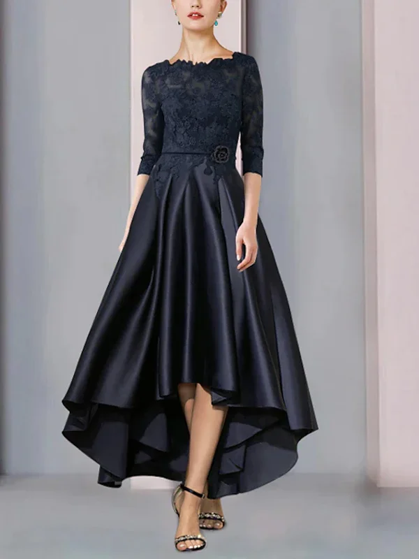 Crew Neck Asymmetric Lace 3/4 Long Sleeves Midi Dress
