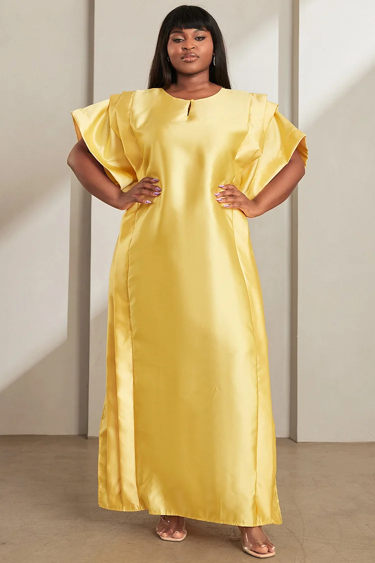 Xpluswear Design Plus Size Daily Maxi Dresses Casual Yellow Fall Winter Crew Neck Half Sleeve Satin Maxi Dresses [Pre-Order]