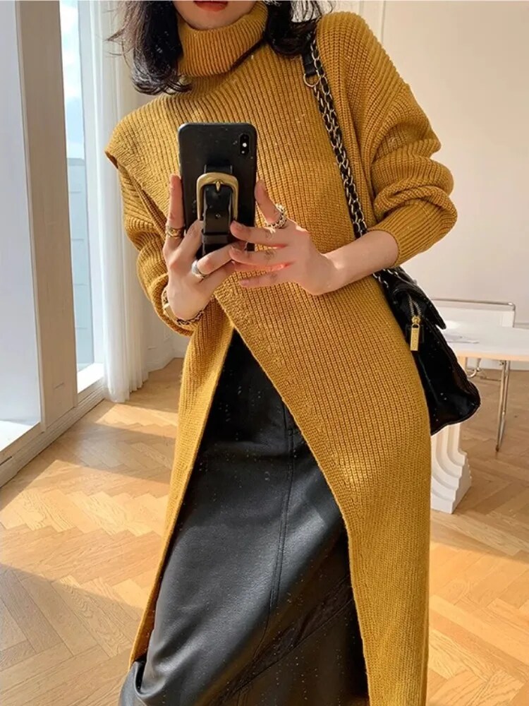Gamezring Lazy Style High Neck Sweater Women'S Autumn And Winter New Design Sense, Loose Slit Mid Length Knitted Top