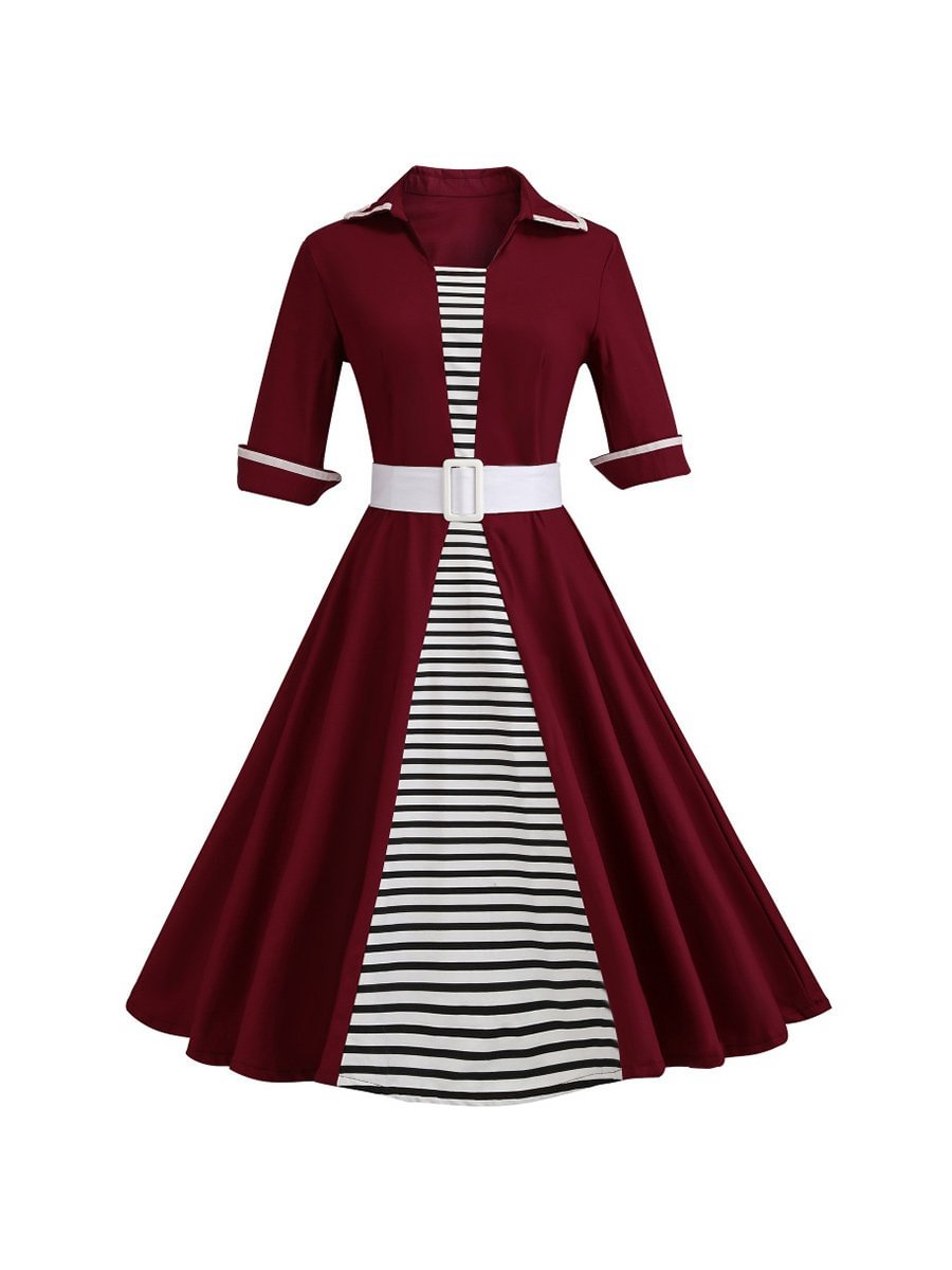 50's Audrey Retro Dress Stripe Print Half Sleeves Lapel Dress