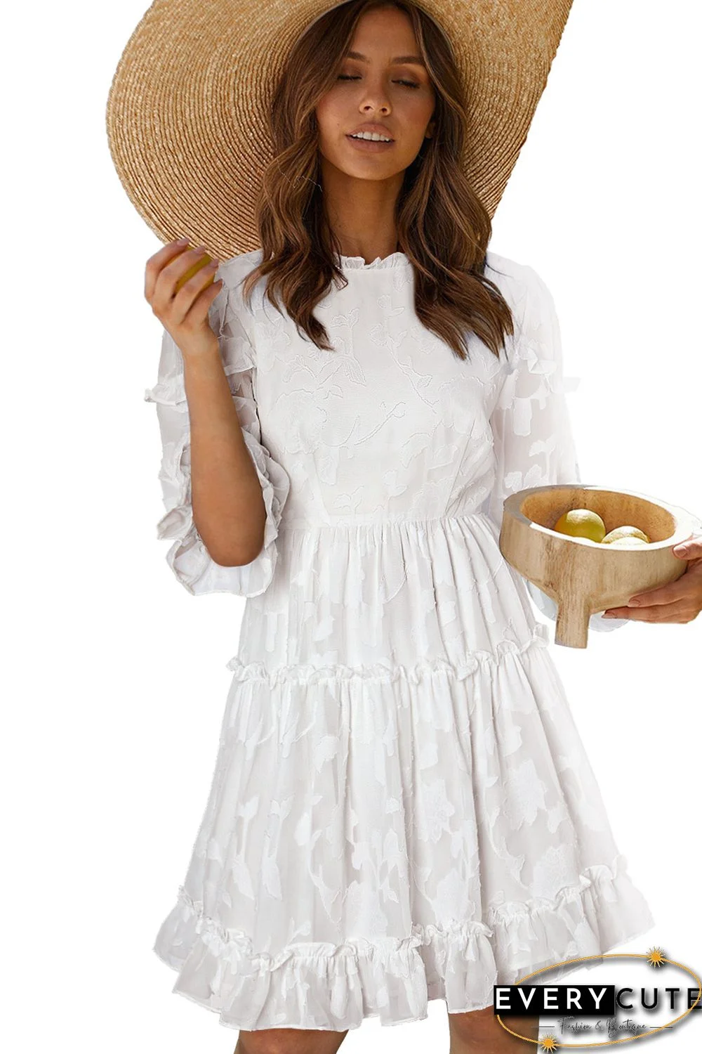 White Sheer Jacquard Ruffle Trim Half Sleeve Dress