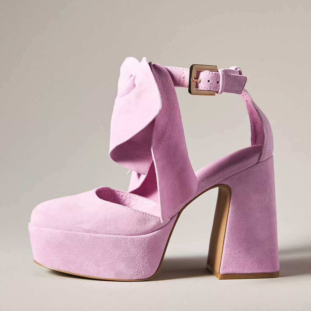 Cute Pink Round Toe Bow Heels Vegan Suede Ankle Strap Platform Pumps