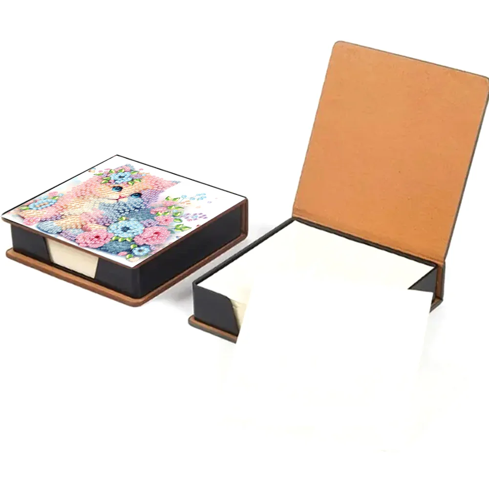 DIY Flower Cat Leather Diamond Art Note Box with 160 Sheets of Paper for Beginners