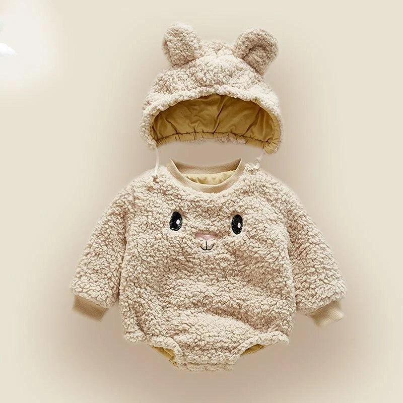 Winter Baby Girl Bodysuits 0-2Yrs Baby Plush Ears Baby Newborn Clothes Hooded Bodysuit Climbing Clothes Plush Thickened