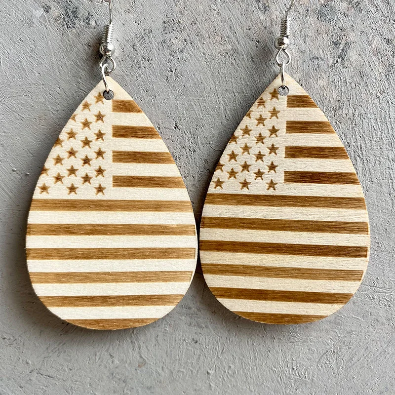 American Flag Tear Drop Wooden Dangle Earrings