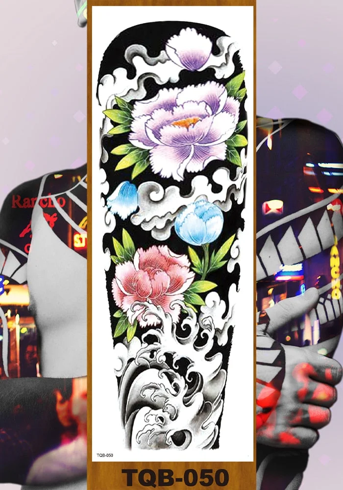 Full Arm Temporary Tattoo Sticker Man Woman Girls Body Leg Fake Tatoo Lotus Peony Rose Magnolia Flowers Totem Makeup Waterproof