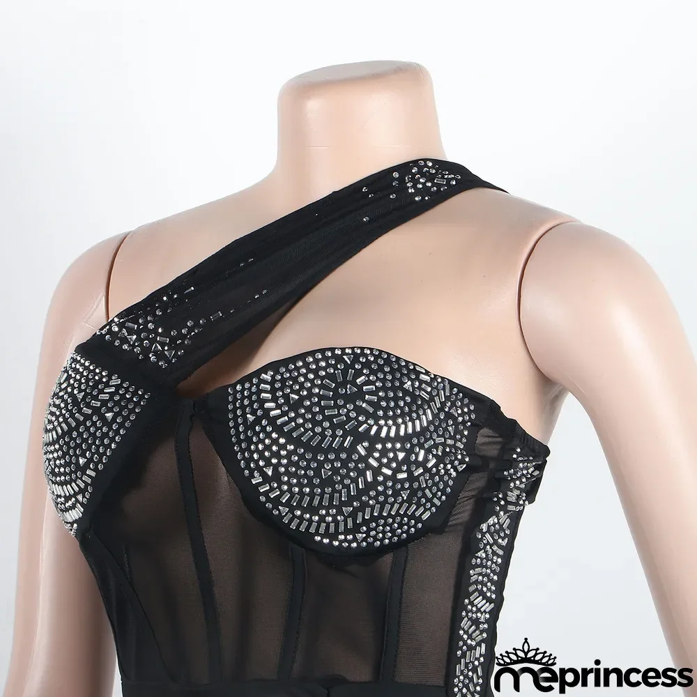 Sexy Slim Beaded Slash Shoulder Bodycon Dress