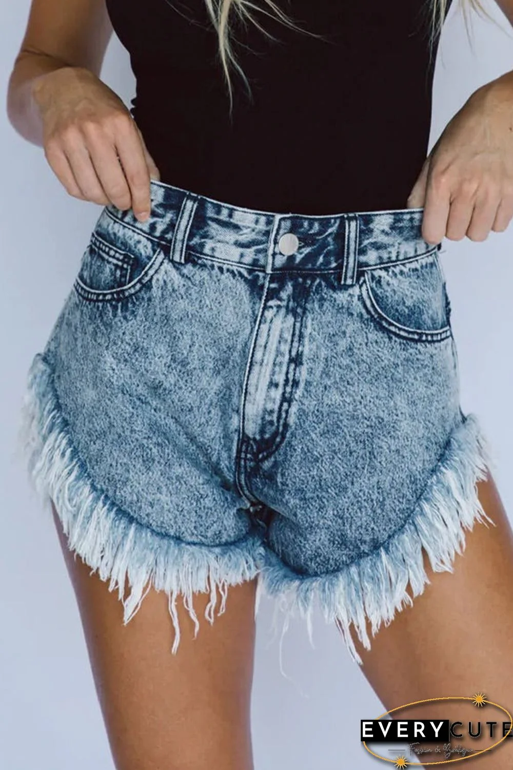 Sky Blue Dark Acid Wash Raw Hem Jean Shorts