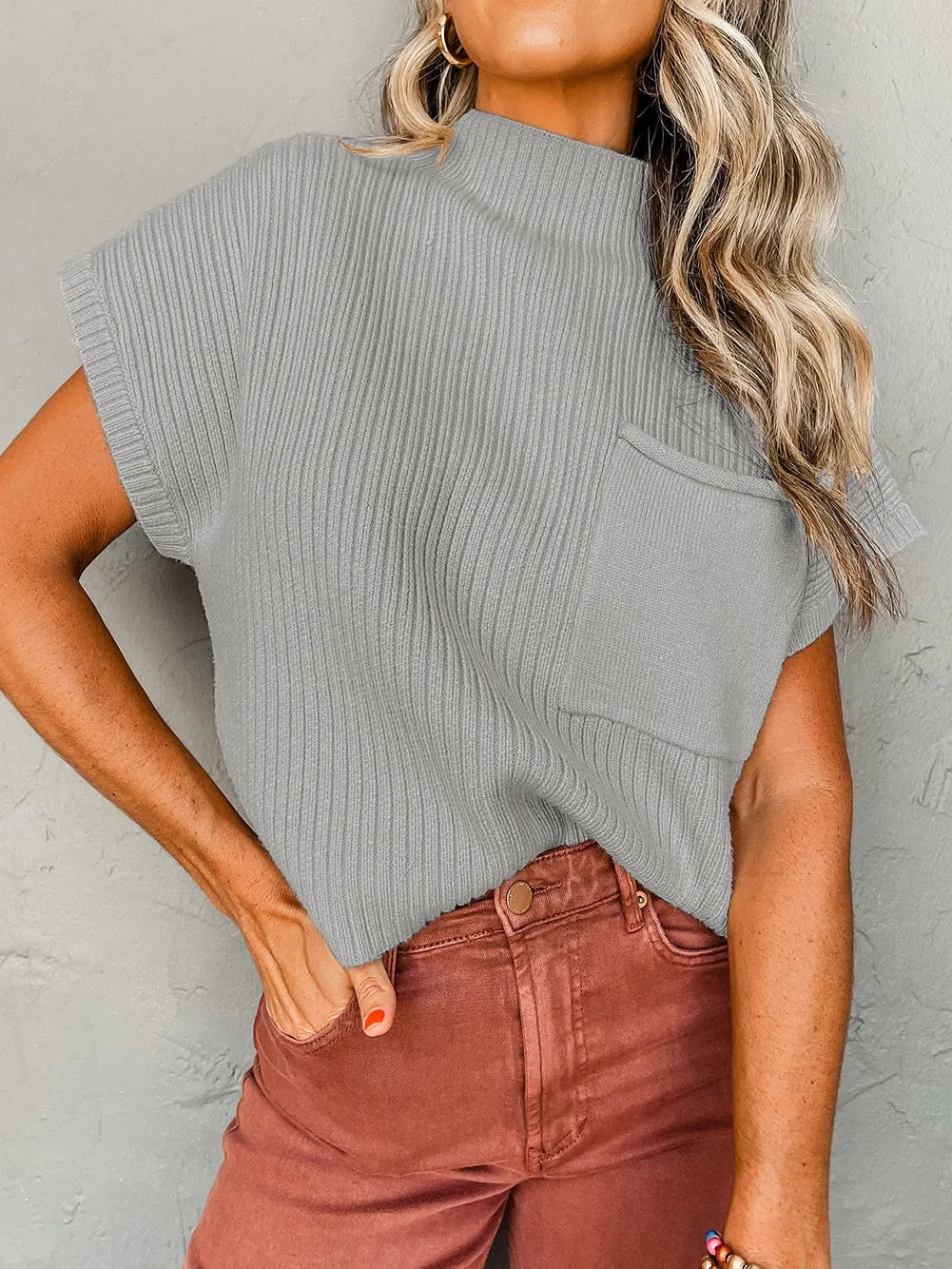 Grey Ribbed Knit Top with Short Sleeves