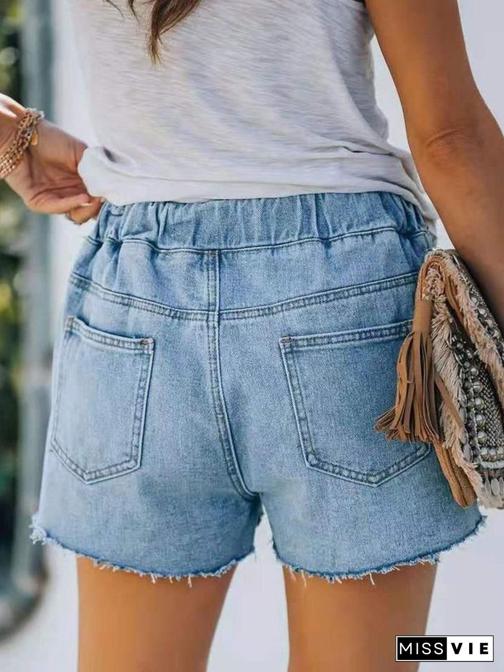 Loose-fit Lace-up Distressed Denim Shorts P13406