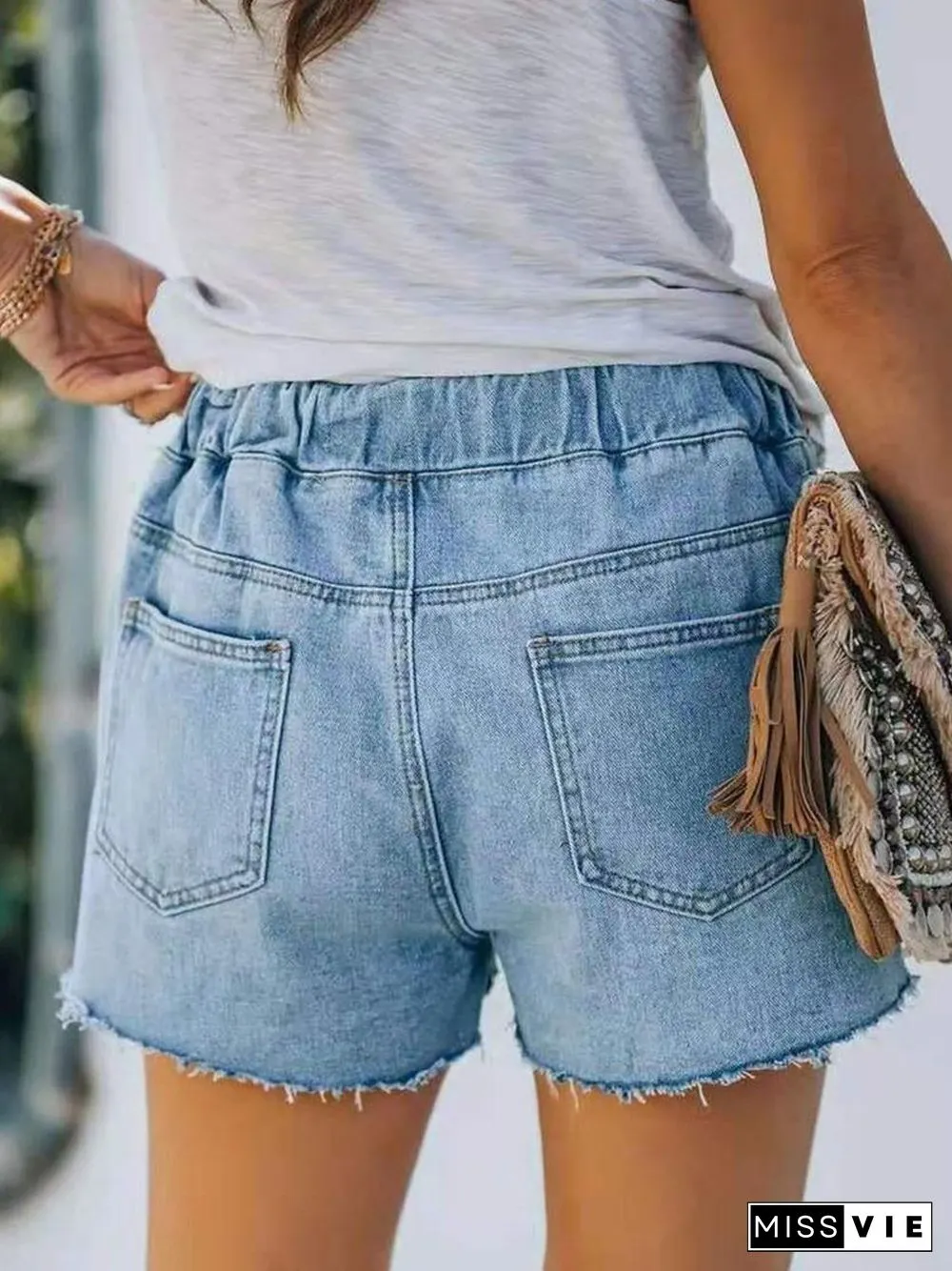 Loose-fit Lace-up Distressed Denim Shorts P13406