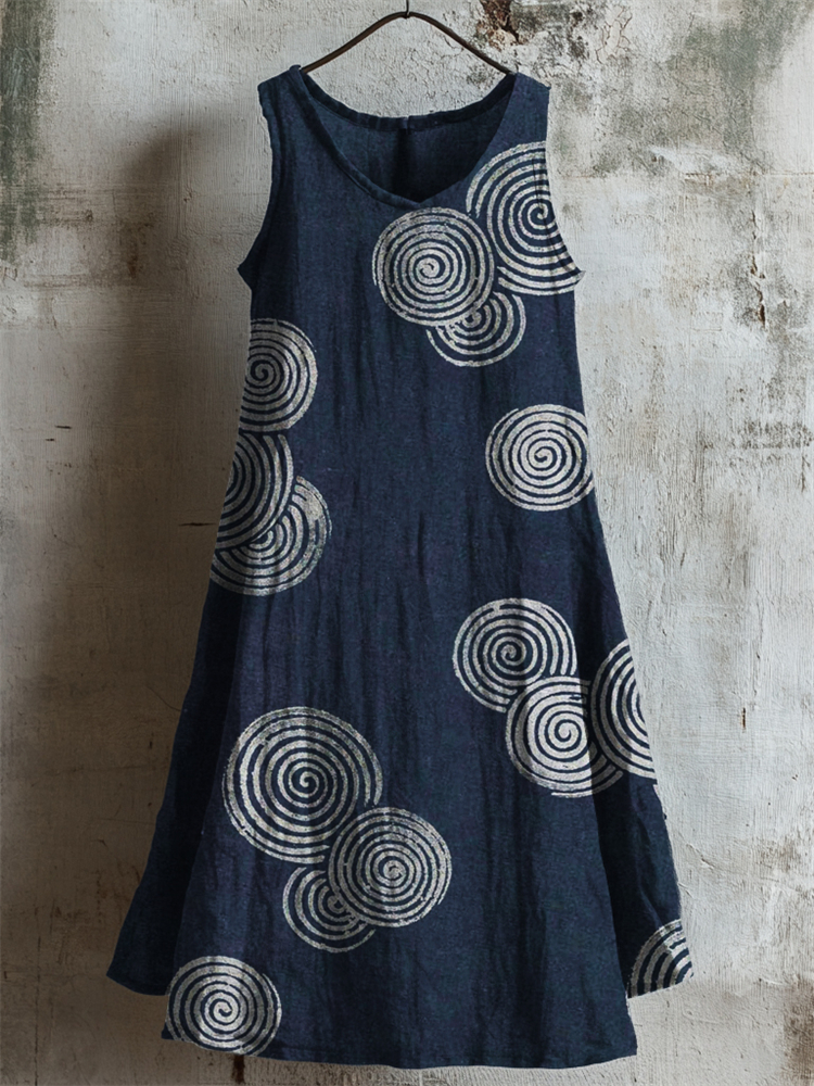 Comstylish Ripples Japanese Lino Pattern Linen Tank Dress