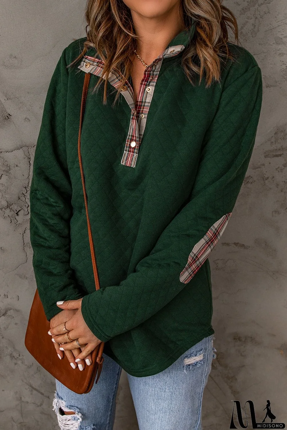 MidiSono - Geometric Texture Plaid Trim Sweatshirt