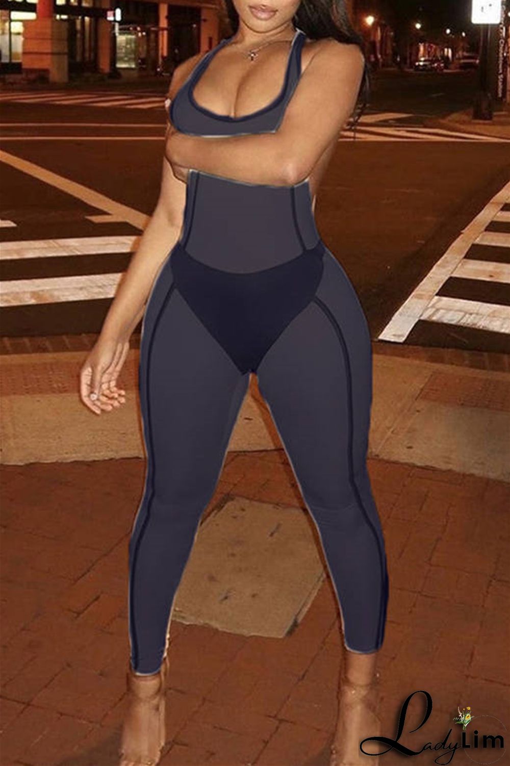 Khaki Sexy Casual Sportswear Solid Split Joint Backless U Neck Skinny Jumpsuits