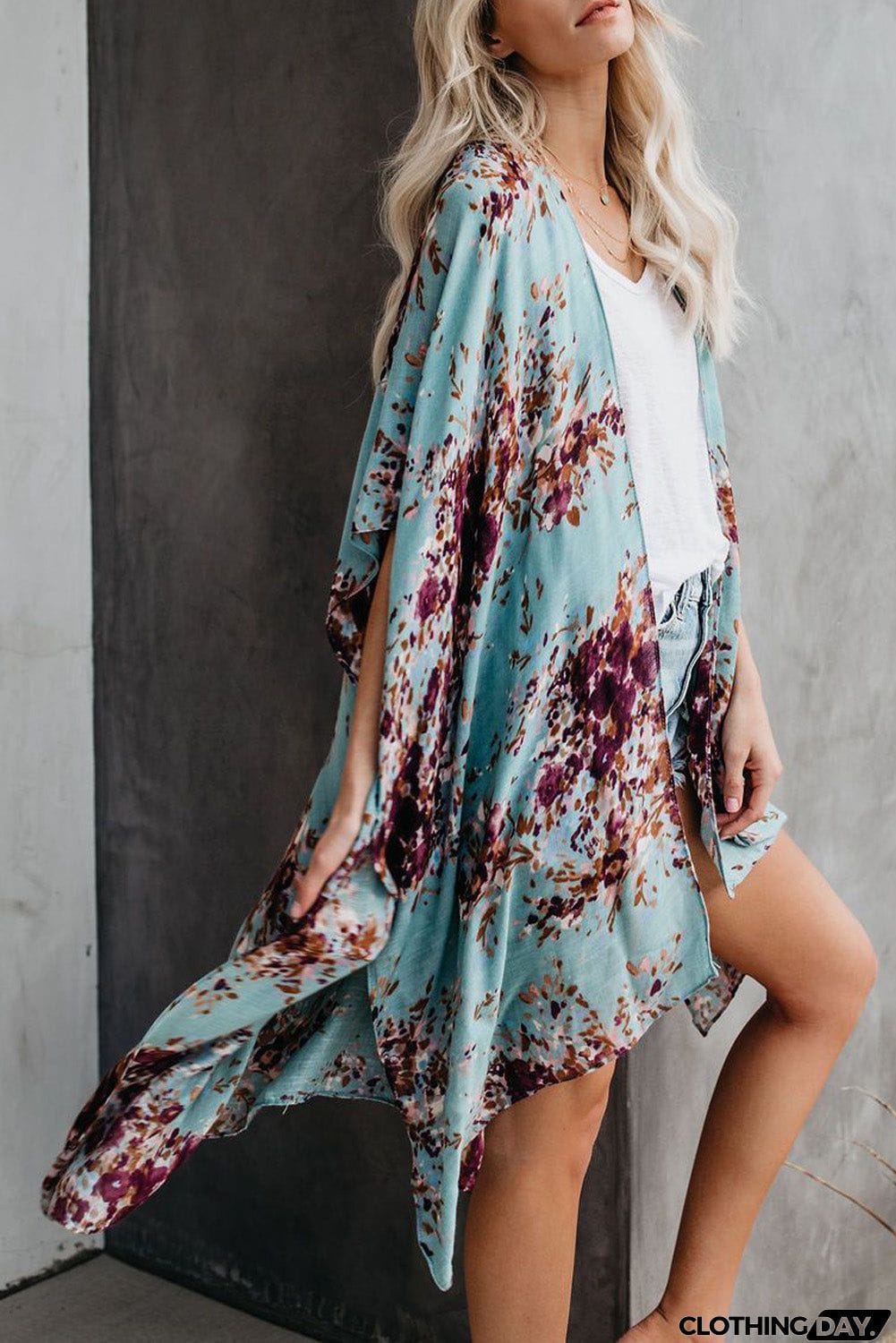 Floral Kimono Sleeves Chiffon Loose Beach Cover Up