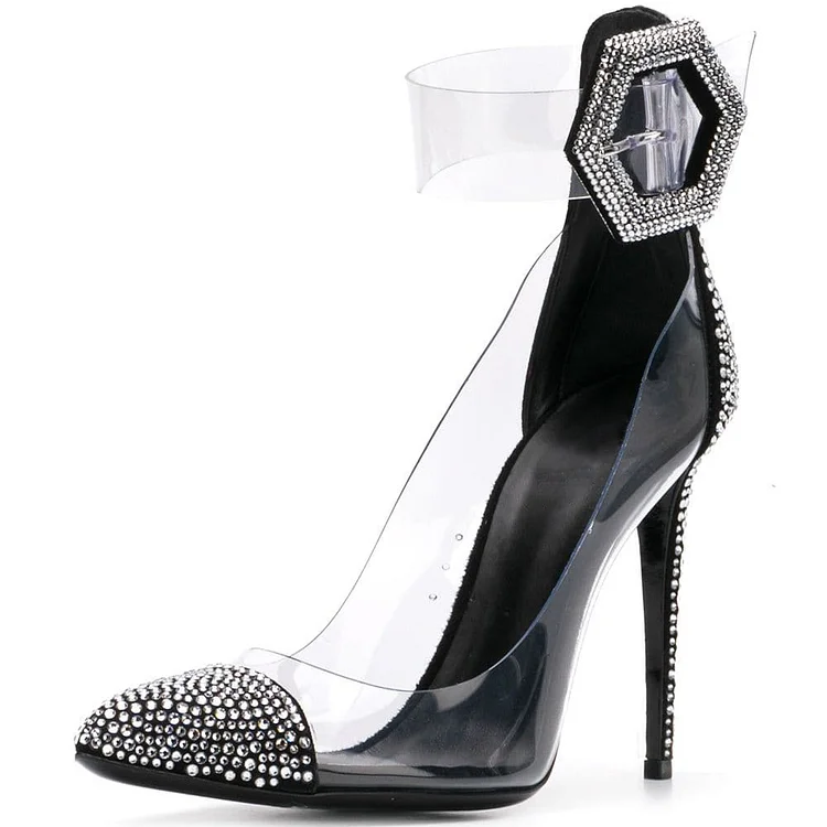 Black Rhinestone Buckle Stiletto Heel transparent Pumps |FSJ Shoes