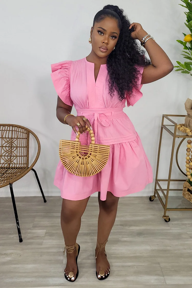 Ruffle Sleeveless Notched Neck Quilted A-Line Mini Dresses-Pink [Pre Order]