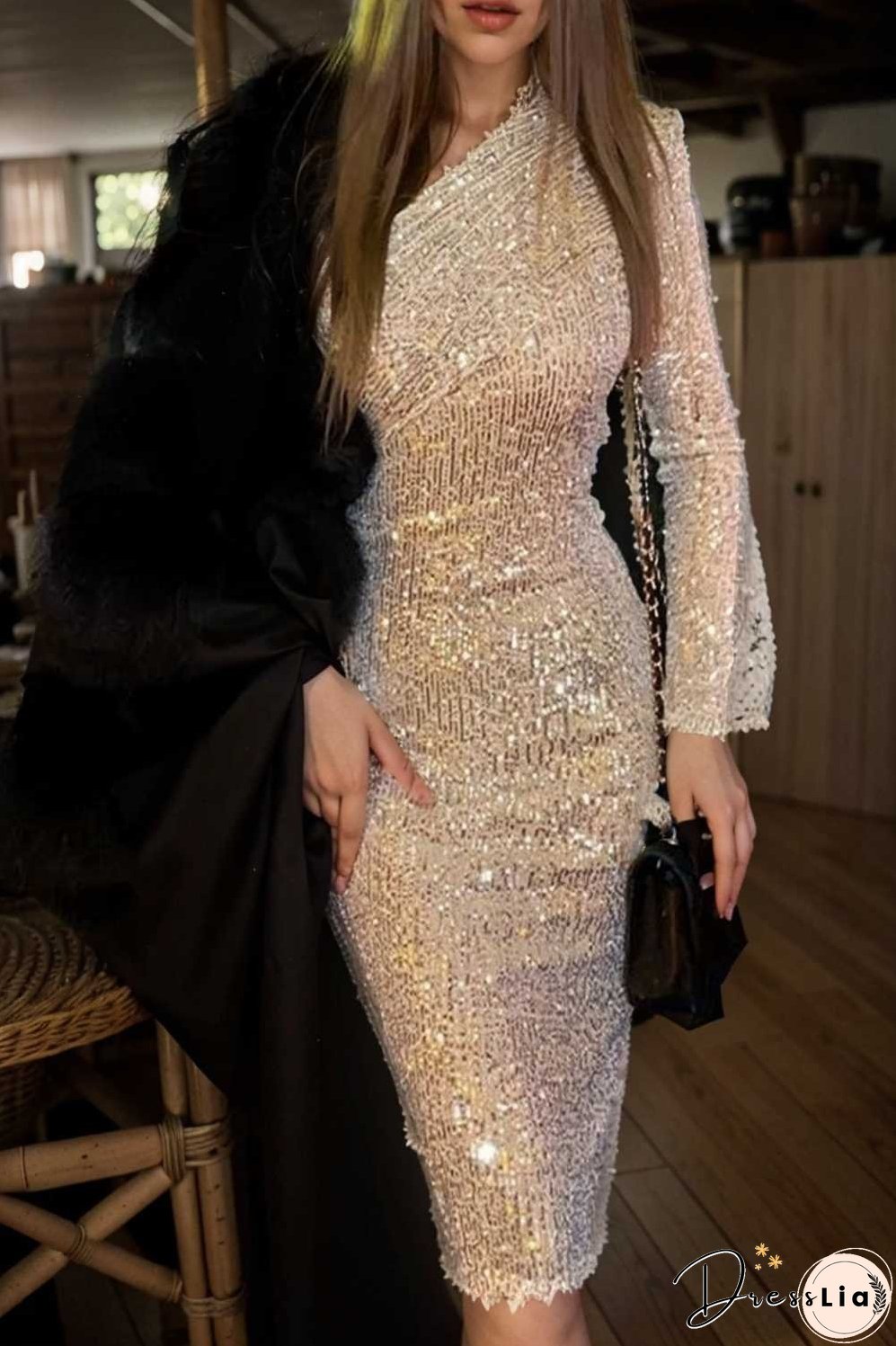 women s dresses fashion sequined one shoulder wrap up evening dress