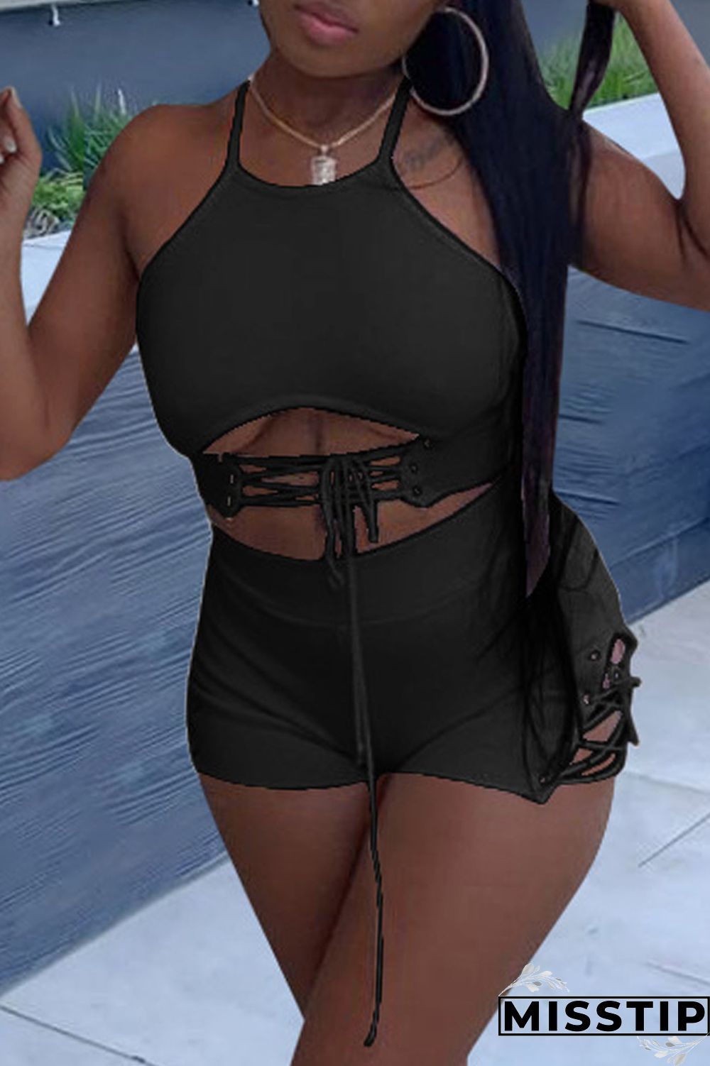 White Fashion Sexy Solid Strap Design O Neck Sleeveless Two Pieces