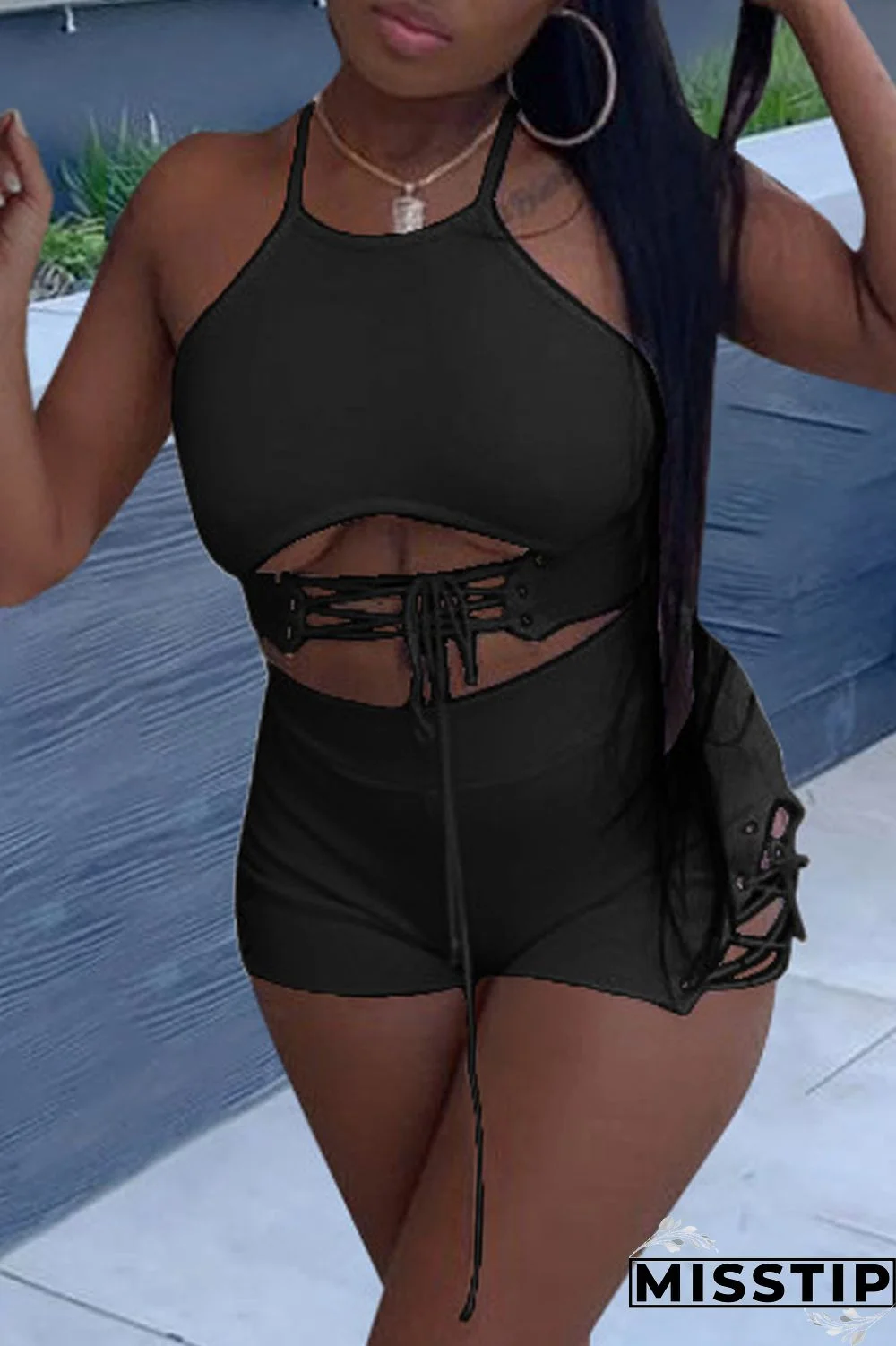 Black Fashion Sexy Solid Strap Design O Neck Sleeveless Two Pieces