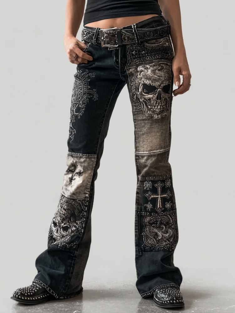 Rock Punk Skull Cross Element Retro Distressed Heavy Workwear Women's Denim Long Pants