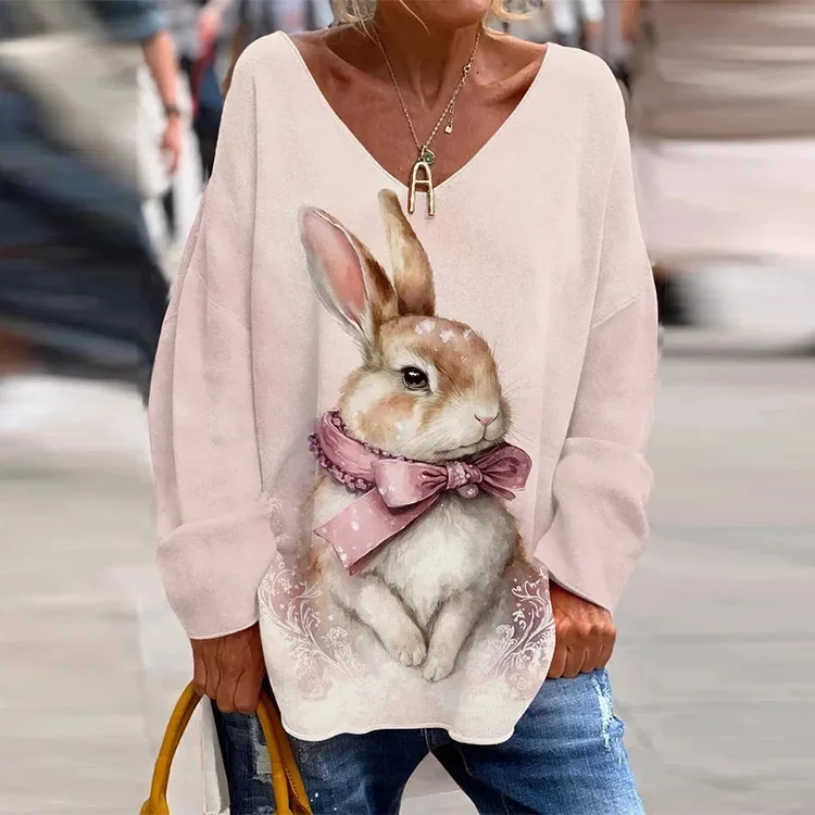 VChics Women's Easter Cute Bunny Print Casual V-Neck T-shirt