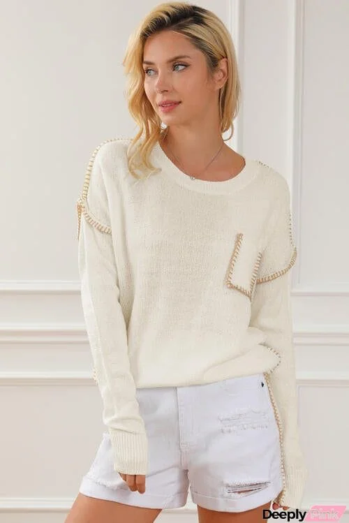 Exposed Seam Round Neck Long Sleeve Sweater