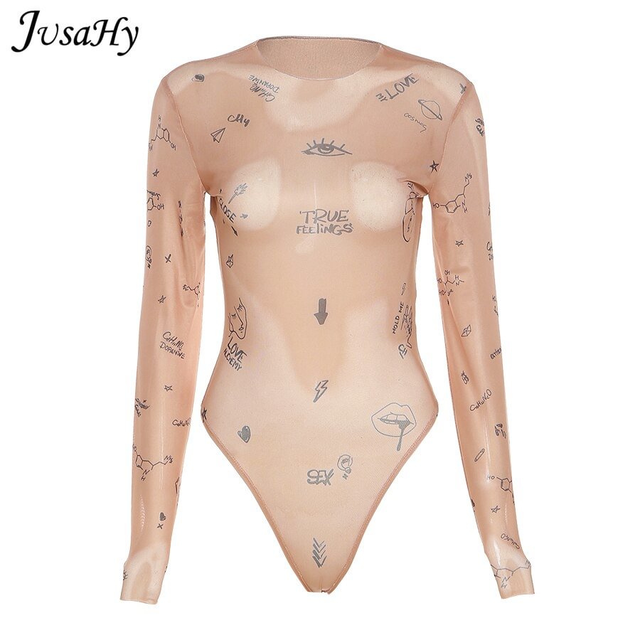 Jusahy Sexy Mesh See-through Printed Bodysuit Tight-fitting One-piece top Woman O-Neck Skinny Pull-over Casual Street Style