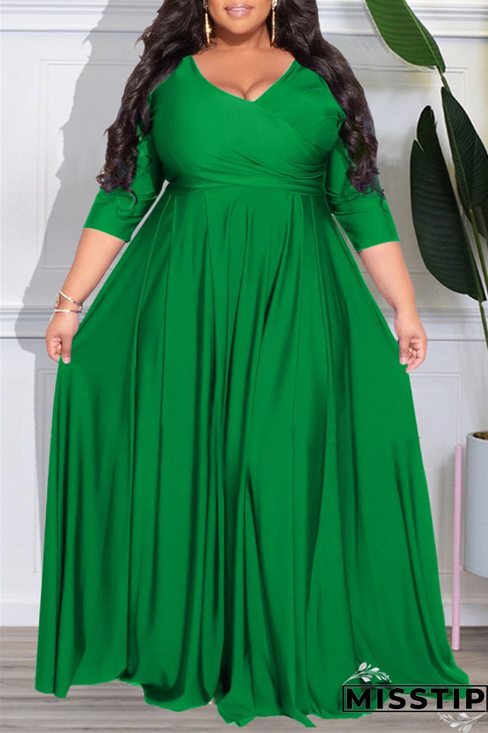 Dark Purple Casual Solid Patchwork V Neck Long Sleeve Plus Size Dresses