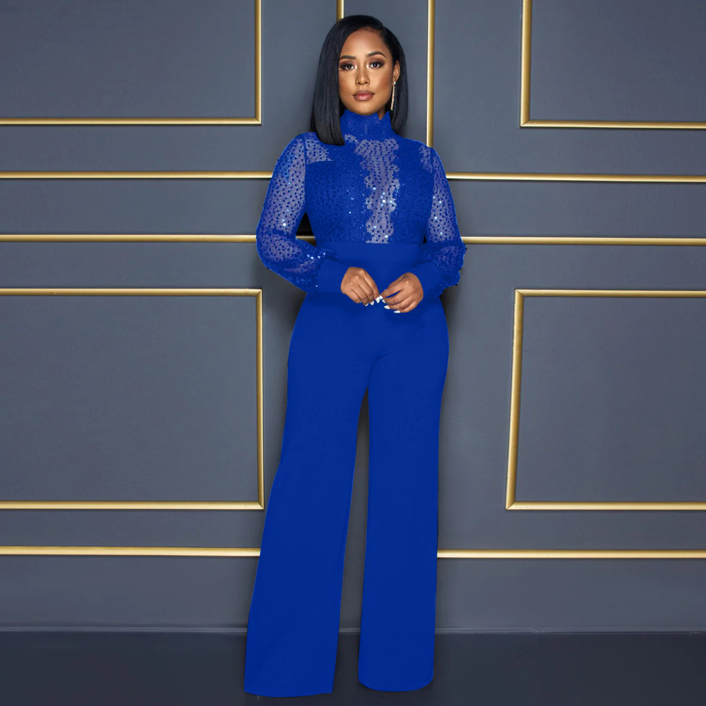 Party Turtleneck Sequin Lace Sheer Long Sleeve Top Loose Jumpsuit for Women - Ootddress