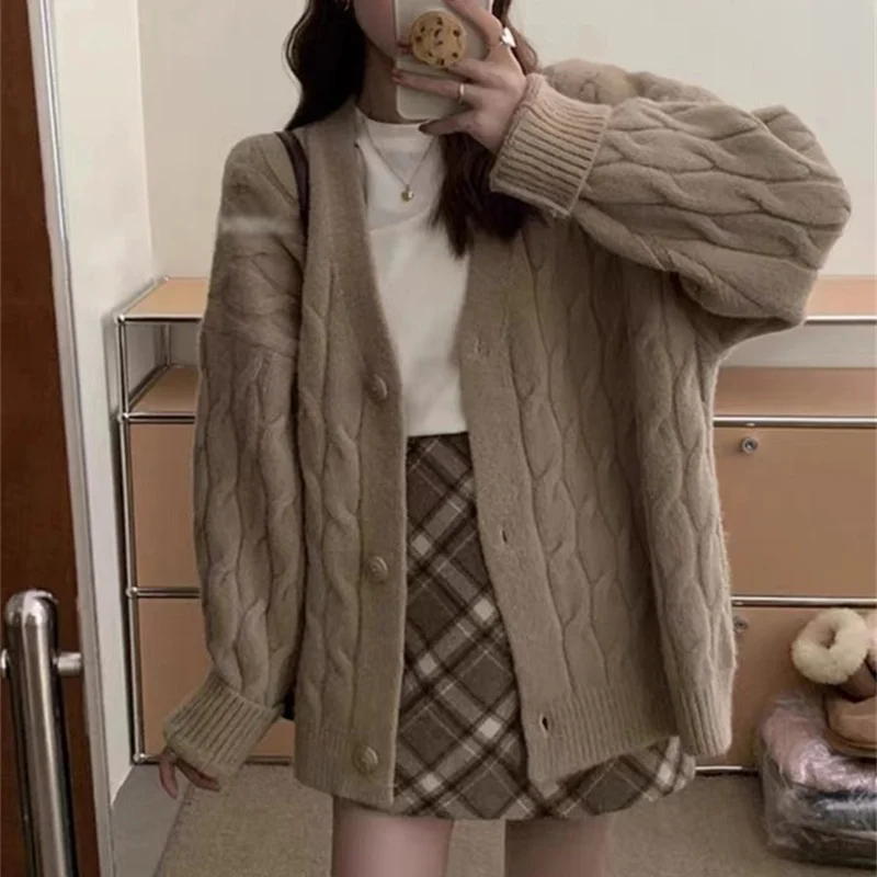 Churchf Churchf Twist Sweater Coat Female Loose Lazy Wind V-Neck Long Sleeve Autumn Winter Korean Version Knit Cardigan Female Thick Money